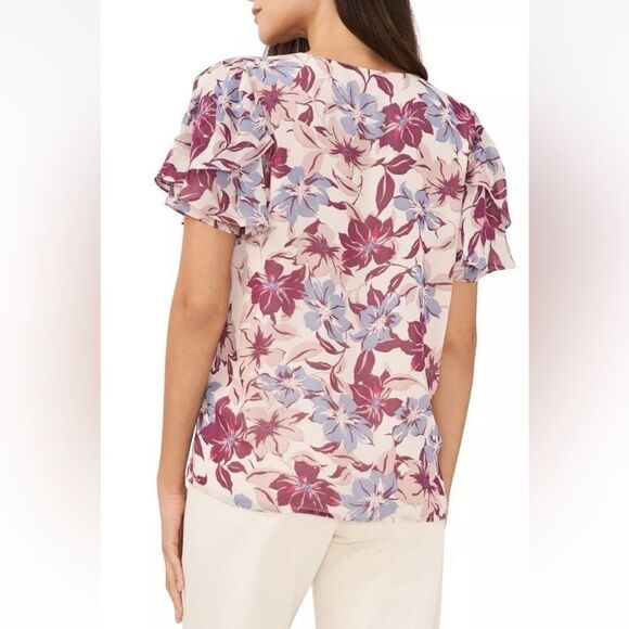 Vince Camuto Floral Print V-Neck Blouse in Sea Breeze, Size Small - Picture 2 of 13
